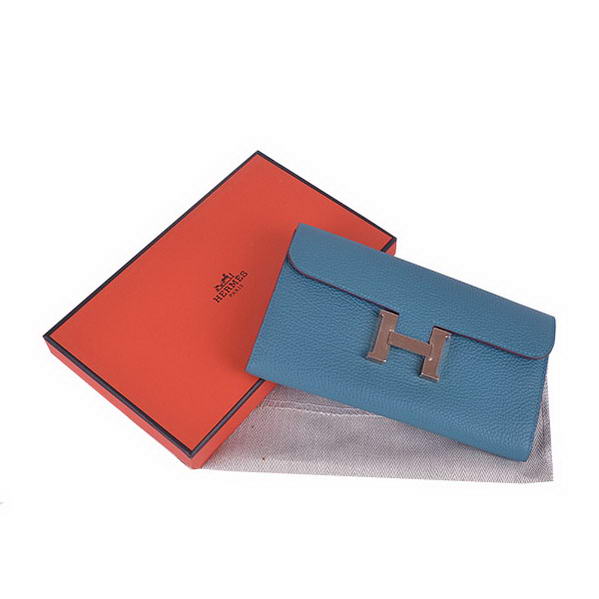 Cheap Fake Hermes Constance Long Wallets Blue Calfskin Leather Gold